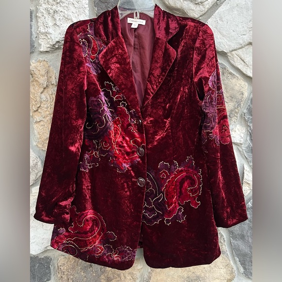 Coldwater Creek Red Velvet Blazer Jacket Size 6 Embroidered Boho Dark Romantic - Picture 1 of 5